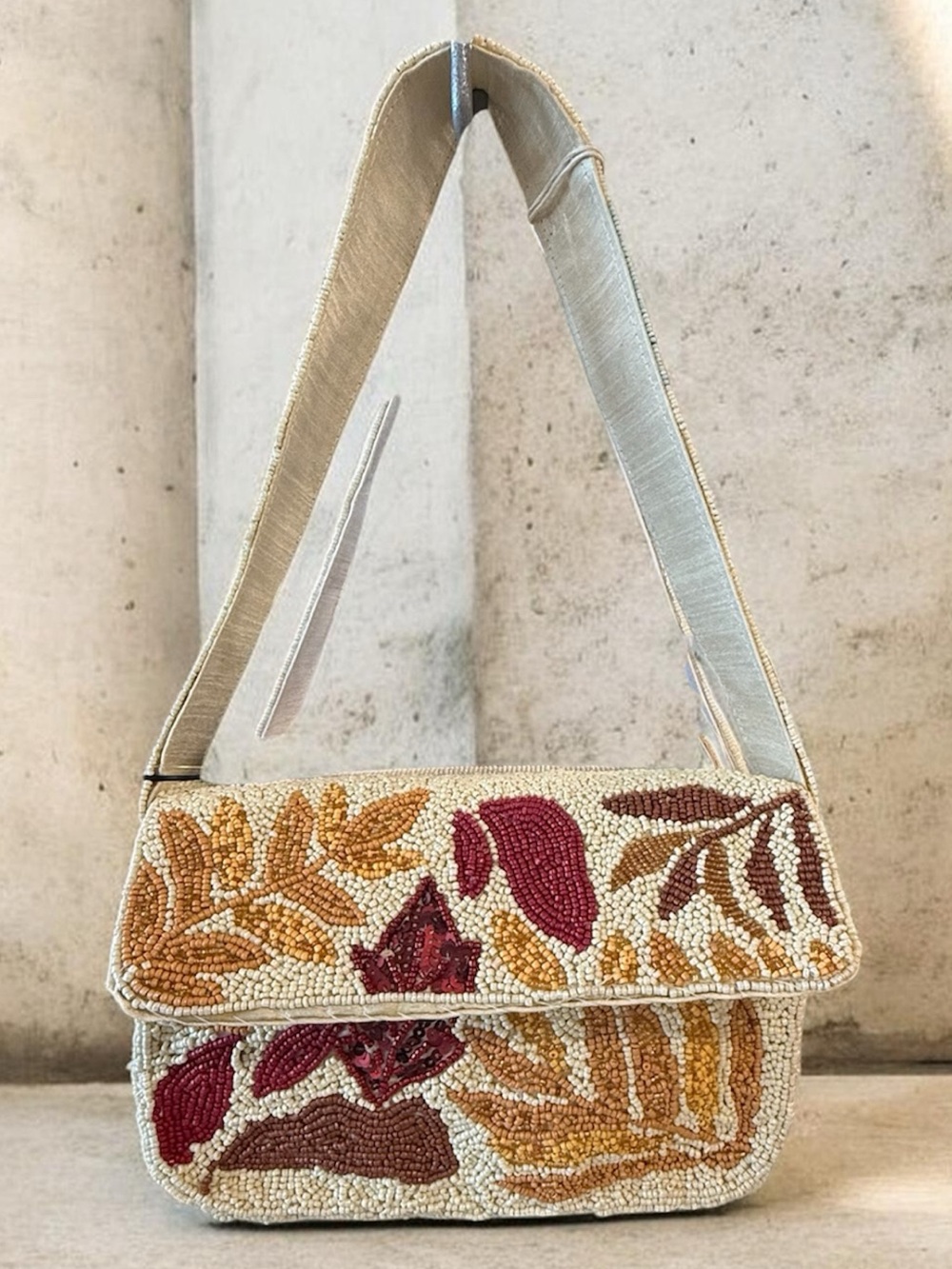 Beaded autumn leaves Shoulder Bag Cream, Mustard and burgundy
